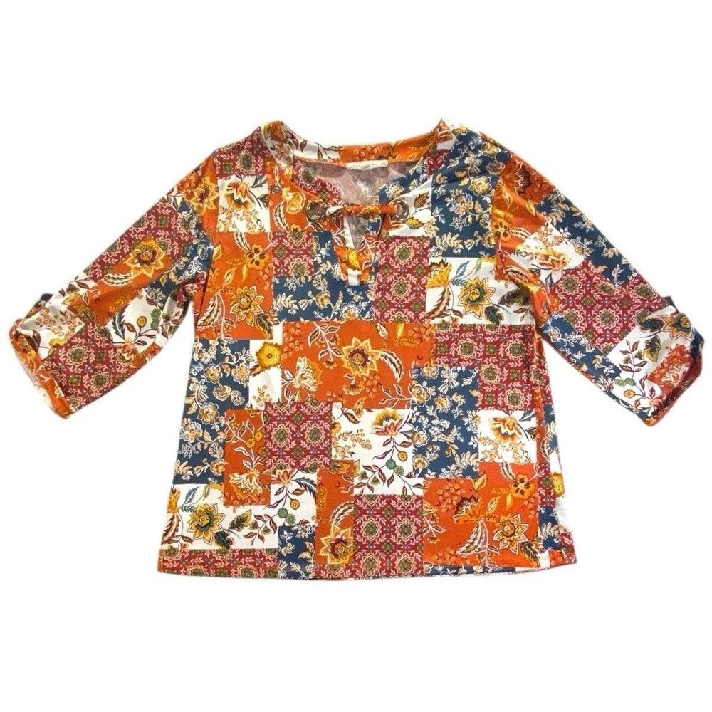 Above & Beyond Womens Medium Boho Patchwork Floral Top 3/4 Sleeve